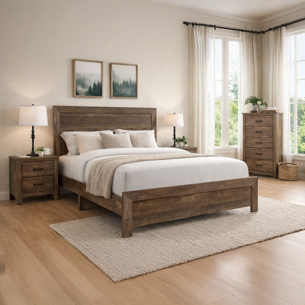 Benjara Rustic Panel Design Wooden Queen Size Bed with Block Legs Support, Brown