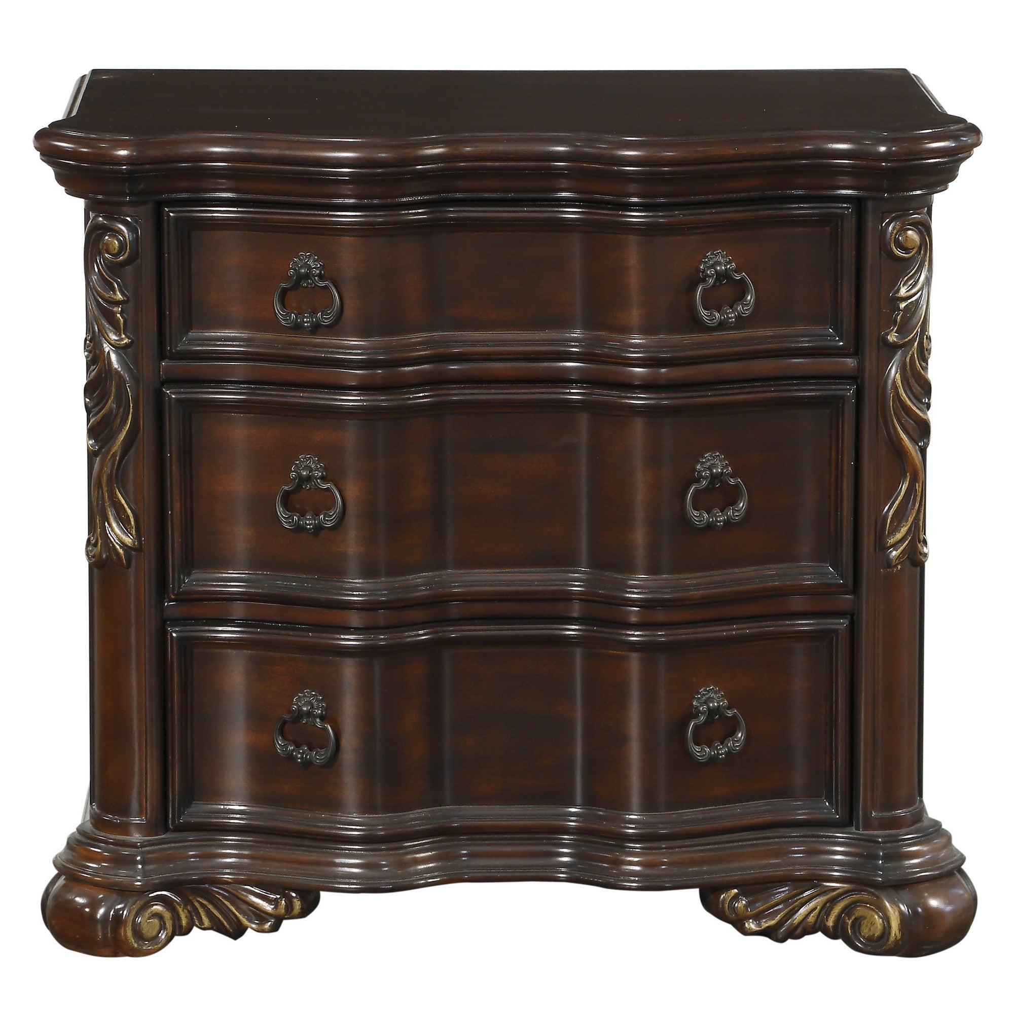 Benjara 3 Drawer Nightstand with Carved Pilaster And Bracket Feet, Cherry Brown