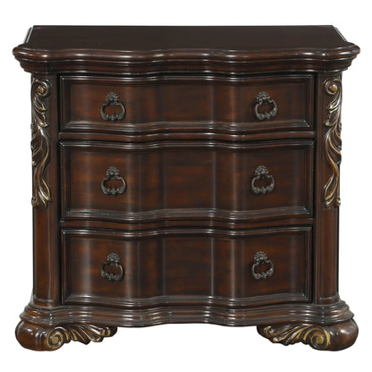 Benjara 3 Drawer Nightstand with Carved Pilaster And Bracket Feet, Cherry Brown