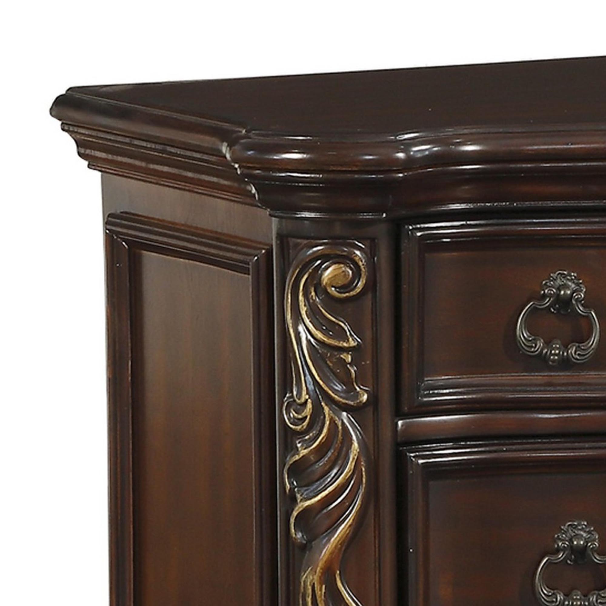 Benjara 3 Drawer Nightstand with Carved Pilaster And Bracket Feet, Cherry Brown