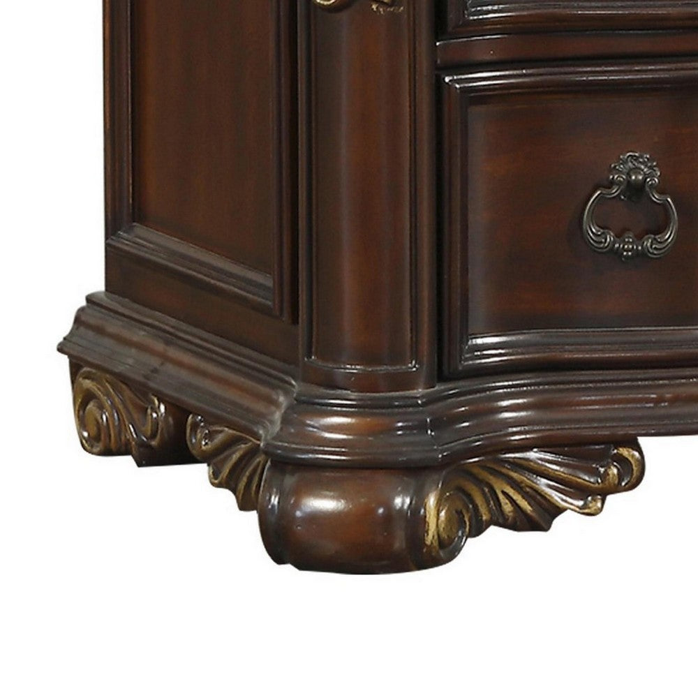 Benjara 3 Drawer Nightstand with Carved Pilaster And Bracket Feet, Cherry Brown