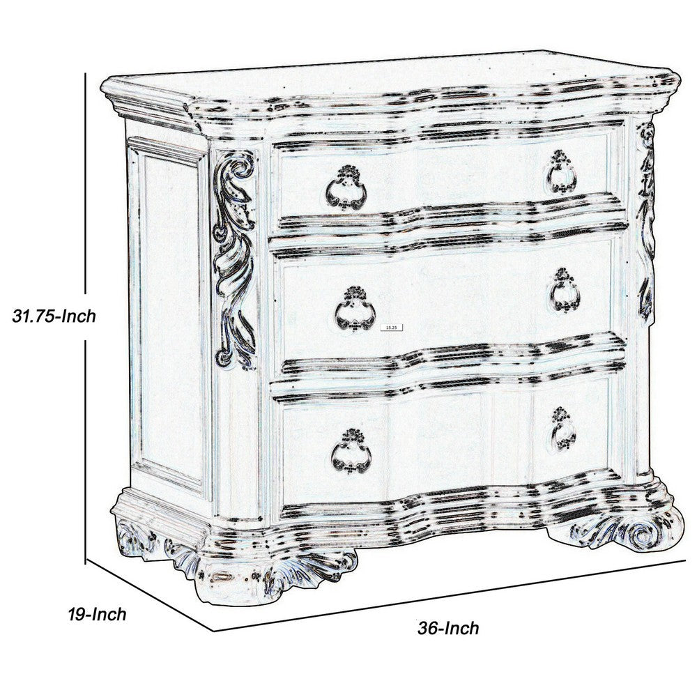 Benjara 3 Drawer Nightstand with Carved Pilaster And Bracket Feet, Cherry Brown