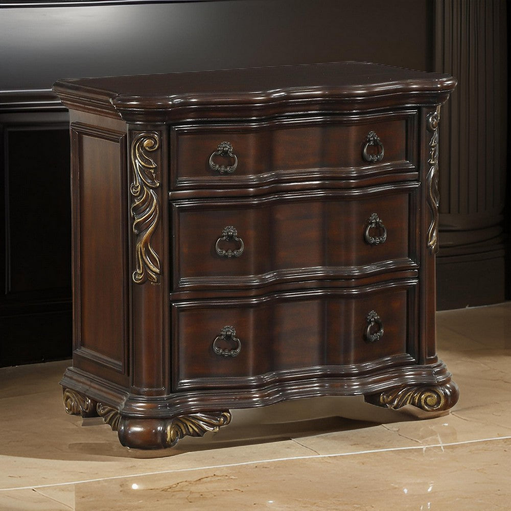 Benjara 3 Drawer Nightstand with Carved Pilaster And Bracket Feet, Cherry Brown