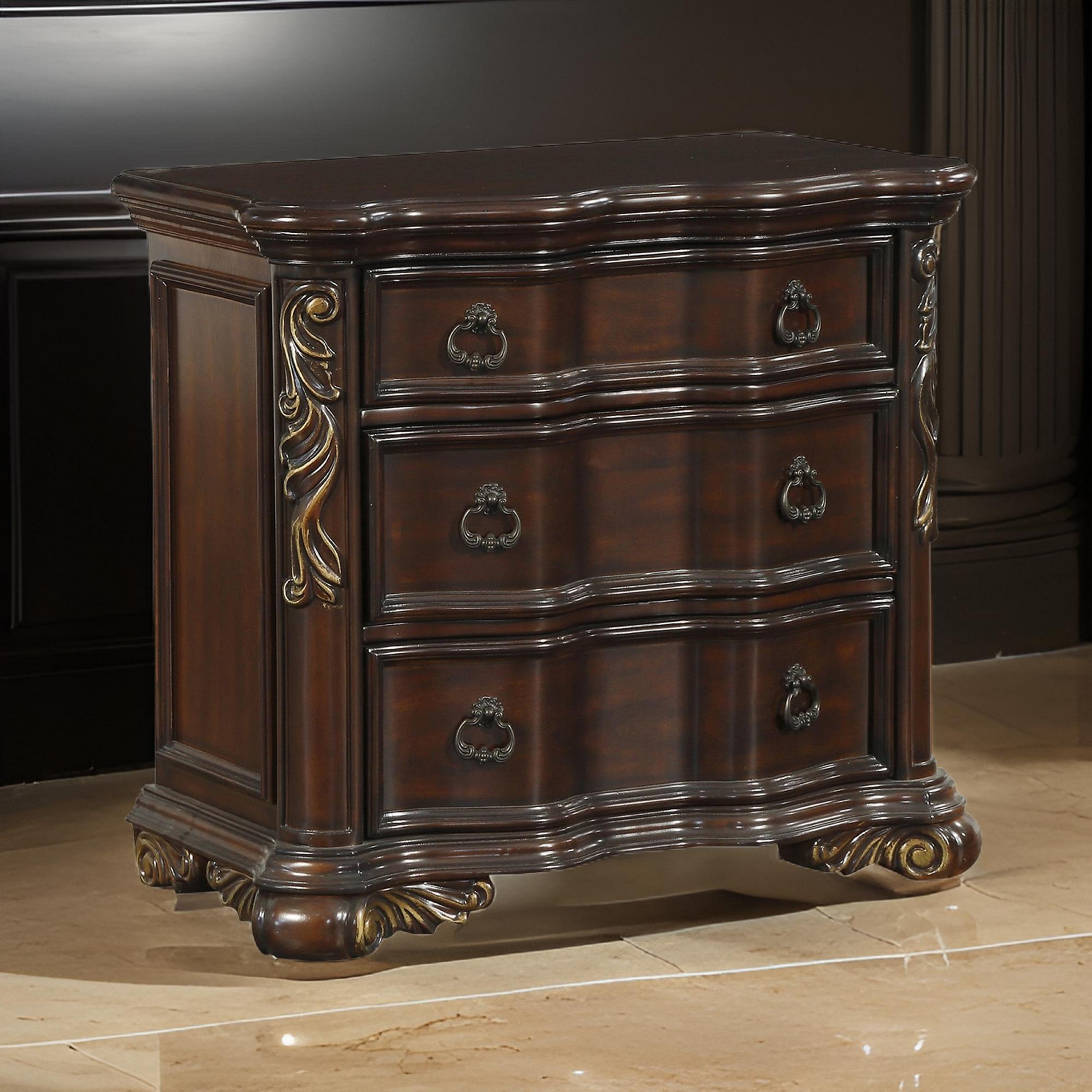 Benjara 3 Drawer Nightstand with Carved Pilaster And Bracket Feet, Cherry Brown