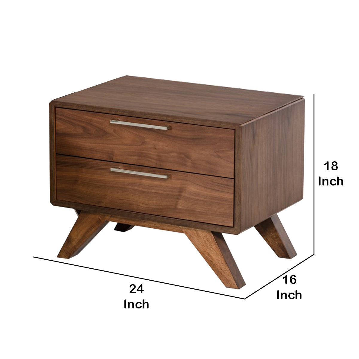 Benjara 2 Drawer Wooden Nightstand with Metal Bar Handles And Angled Legs, Brown