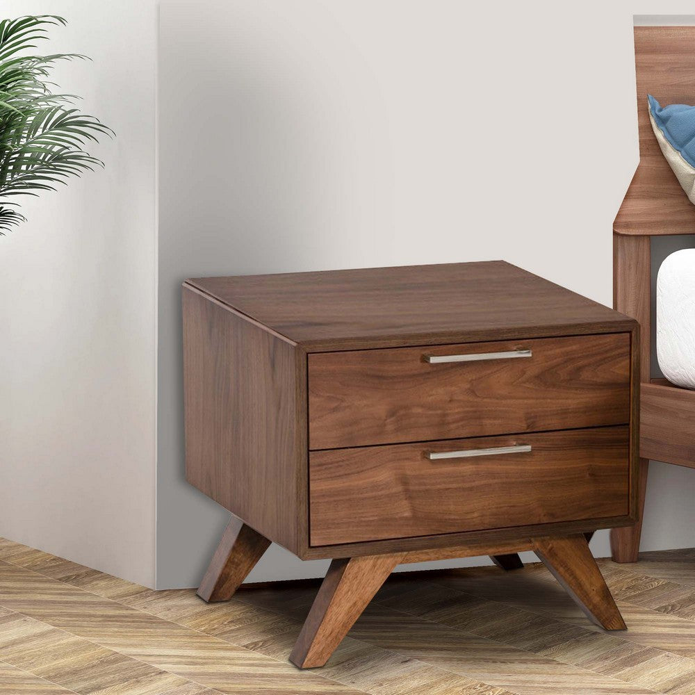 Benjara 2 Drawer Wooden Nightstand with Metal Bar Handles And Angled Legs, Brown