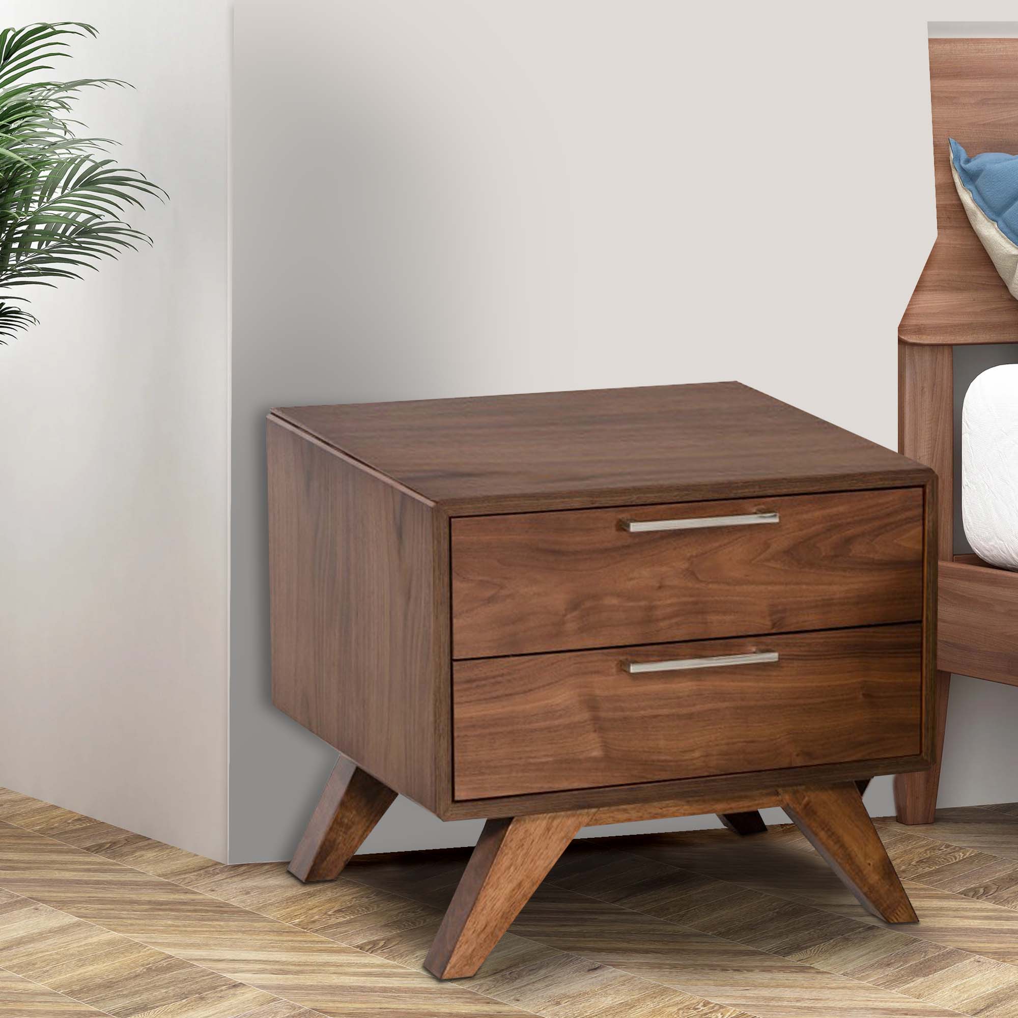 Benjara 2 Drawer Wooden Nightstand with Metal Bar Handles And Angled Legs, Brown