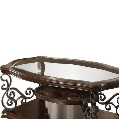 Benjara Tempered Glass Top Wooden Coffee Table with Ornate Metal Scrollwork, Brown