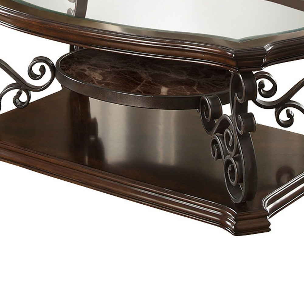 Benjara Tempered Glass Top Wooden Coffee Table with Ornate Metal Scrollwork, Brown