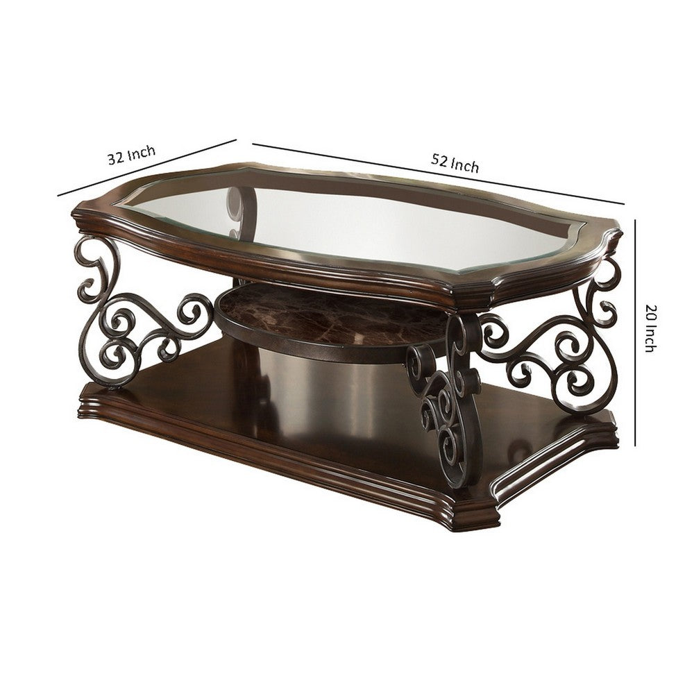 Benjara Tempered Glass Top Wooden Coffee Table with Ornate Metal Scrollwork, Brown