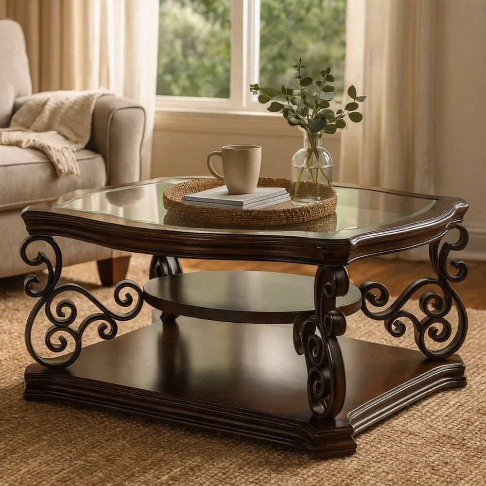 Benjara Tempered Glass Top Wooden Coffee Table with Ornate Metal Scrollwork, Brown