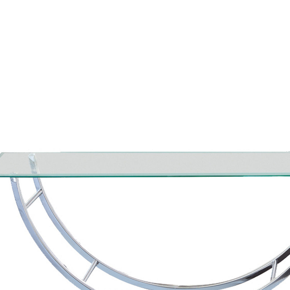 Benjara Tempered Glass Top Coffee Table with U Shape Metal Frame, Chrome And Clear