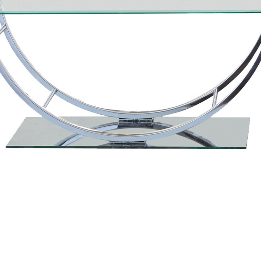Benjara Tempered Glass Top Coffee Table with U Shape Metal Frame, Chrome And Clear