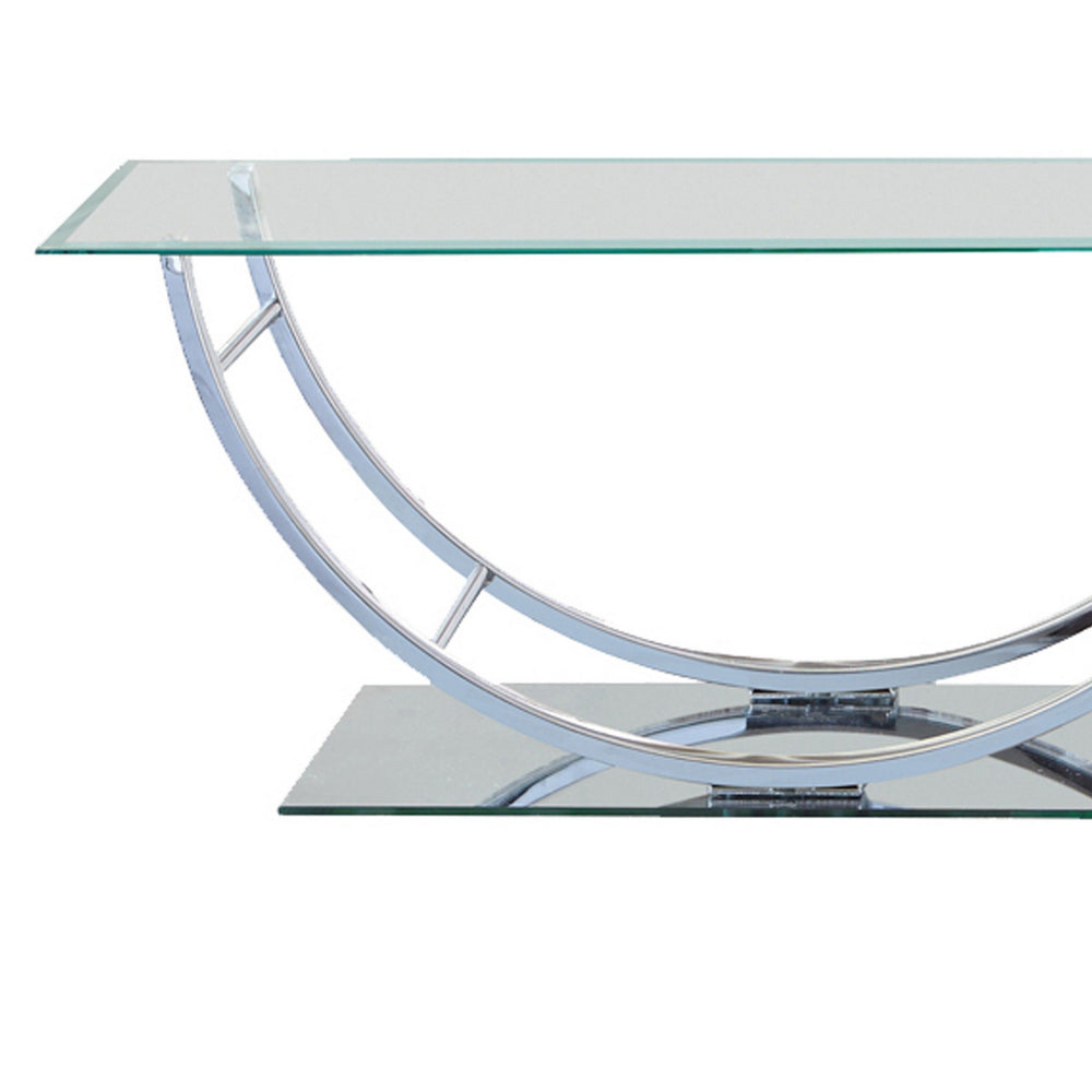 Benjara Tempered Glass Top Coffee Table with U Shape Metal Frame, Chrome And Clear