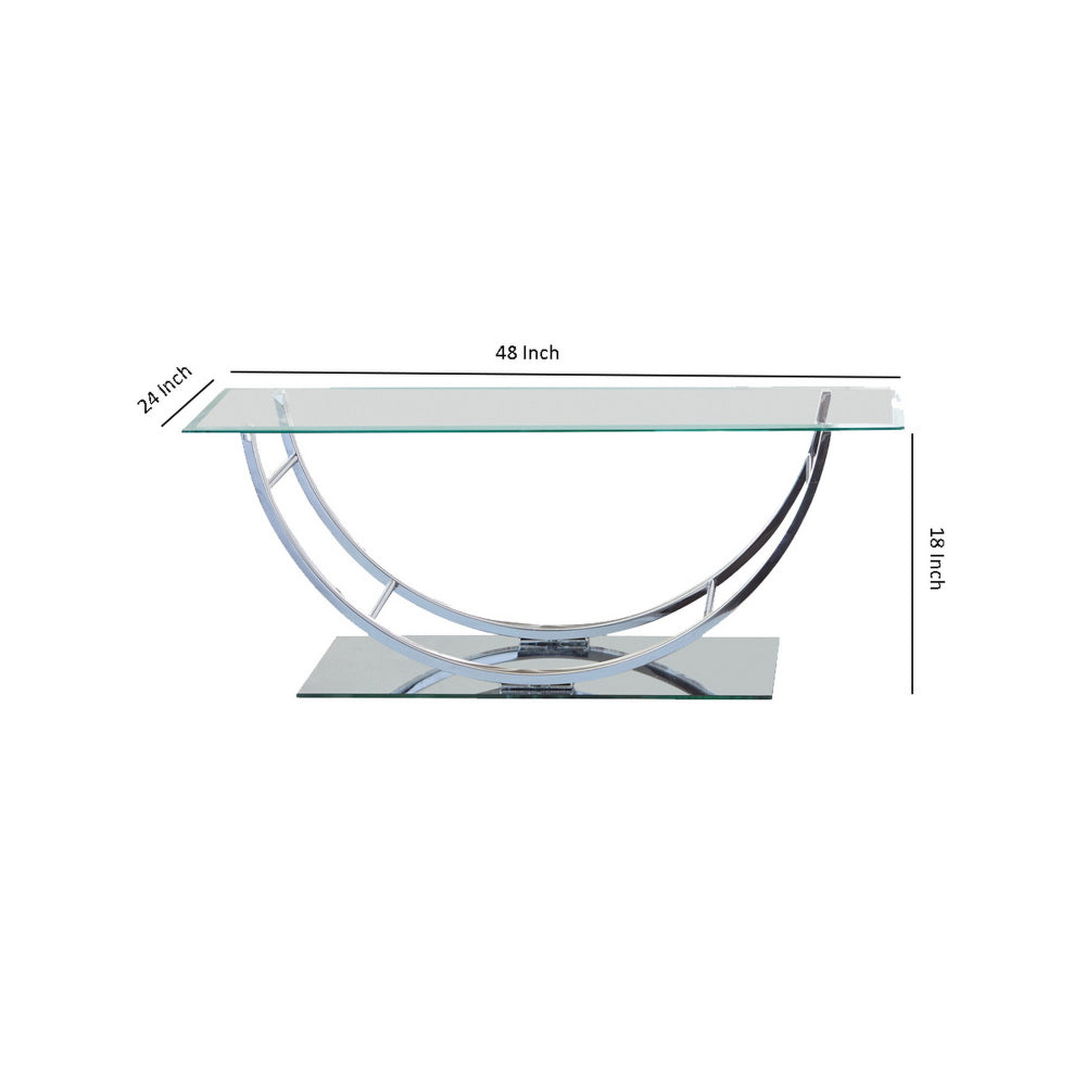 Benjara Tempered Glass Top Coffee Table with U Shape Metal Frame, Chrome And Clear