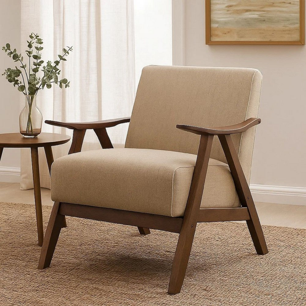 Benjara Fabric Upholstered Accent Chair with Curved Armrests, Light Brown