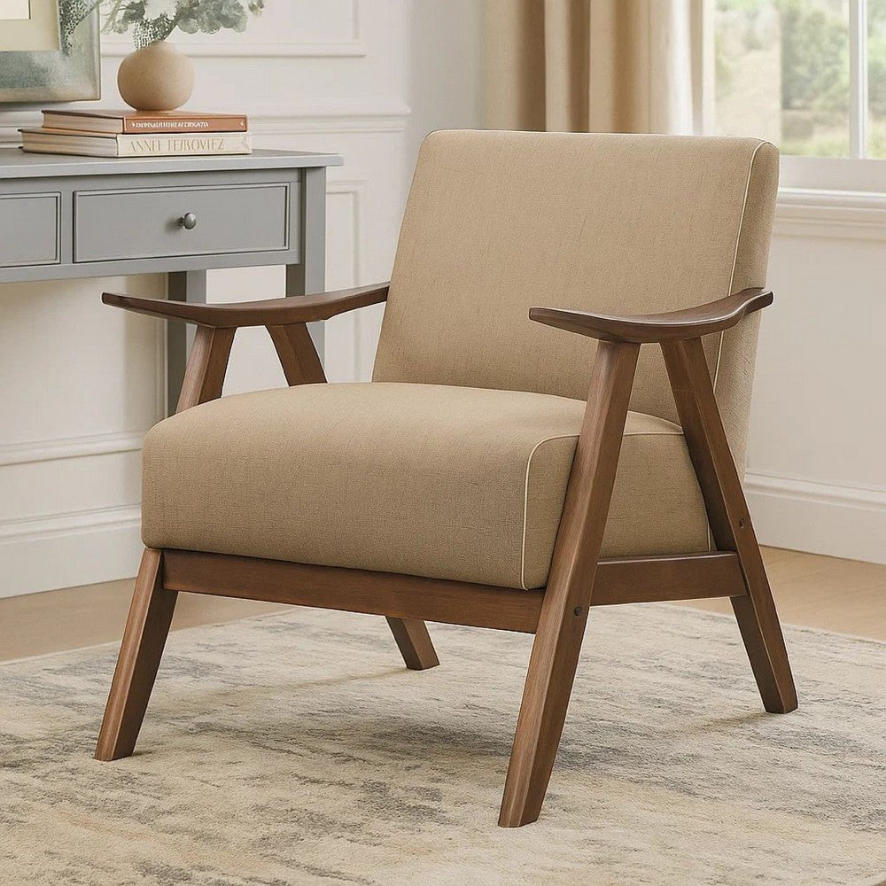 Benjara Fabric Upholstered Accent Chair with Curved Armrests, Light Brown