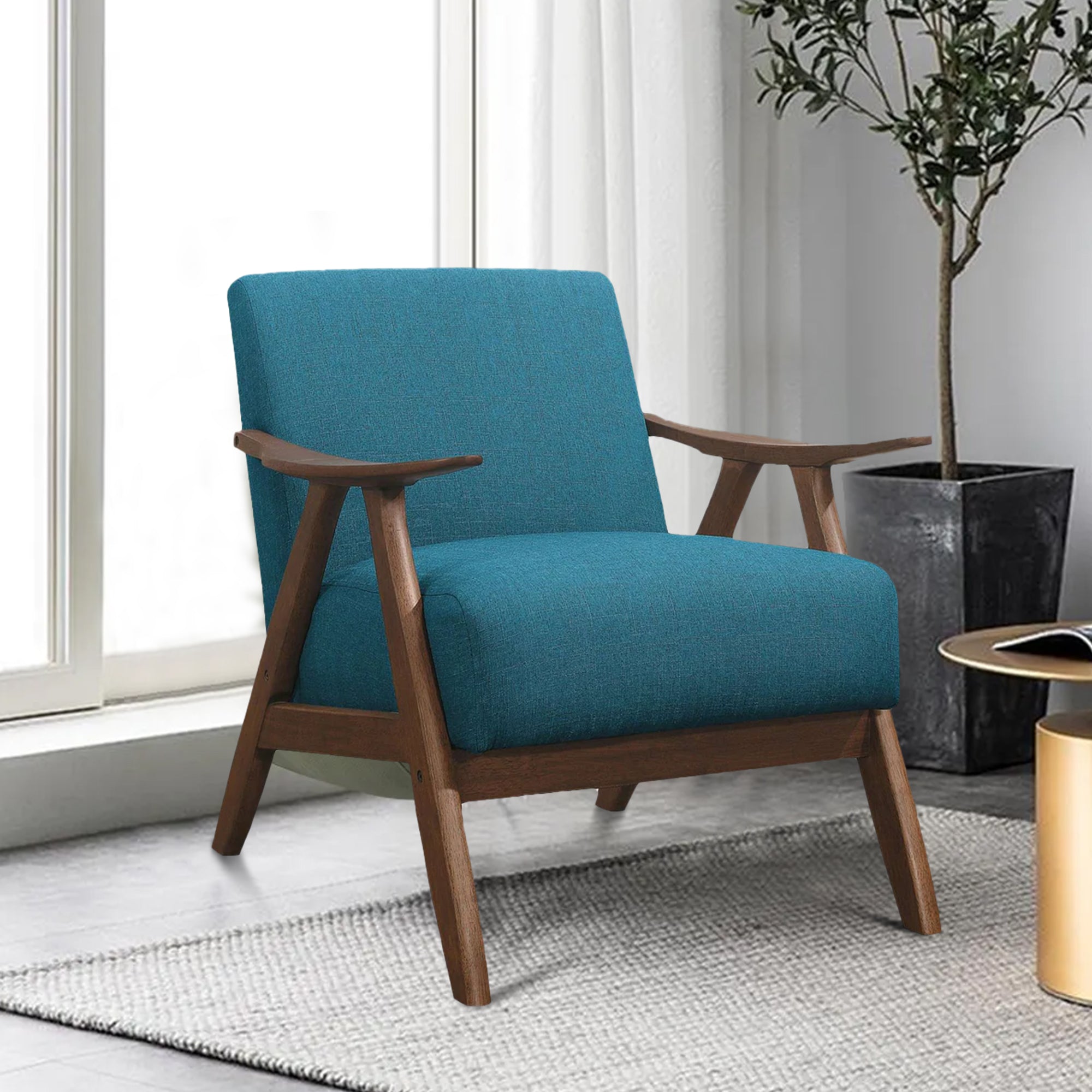 Benjara Fabric Upholstered Accent Chair with Curved Armrests, Blue