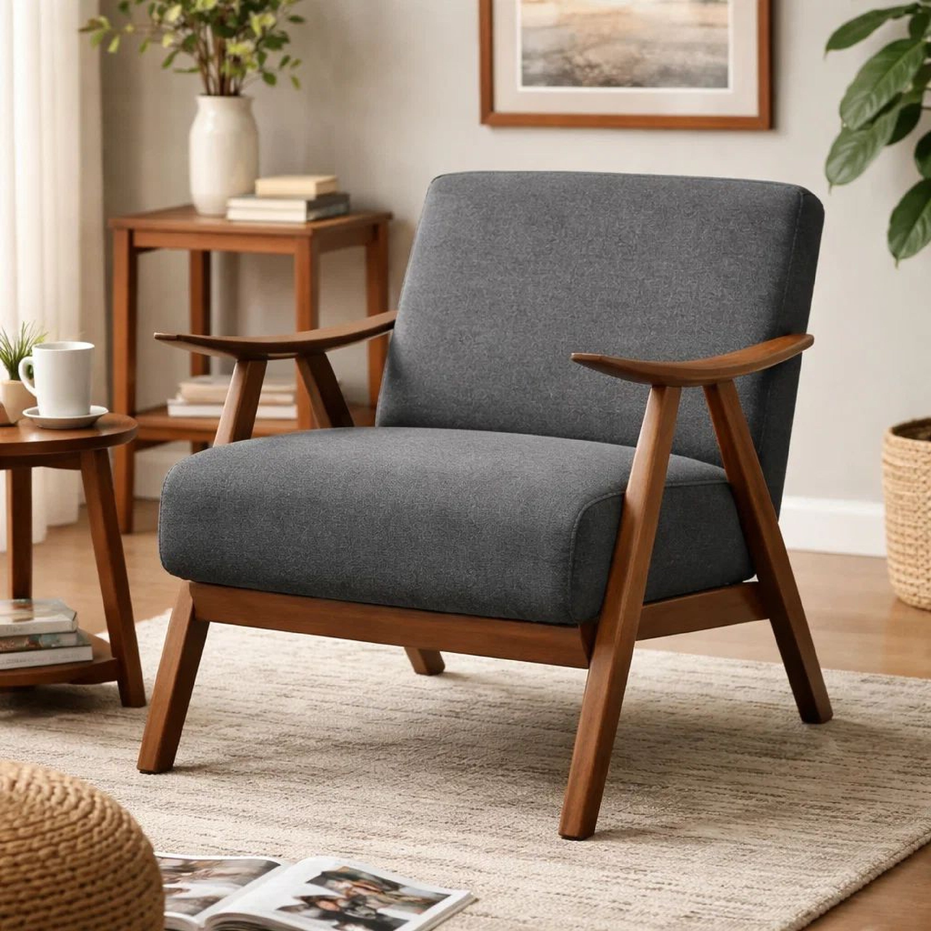 Benjara Fabric Upholstered Accent Chair with Curved Armrests, Gray