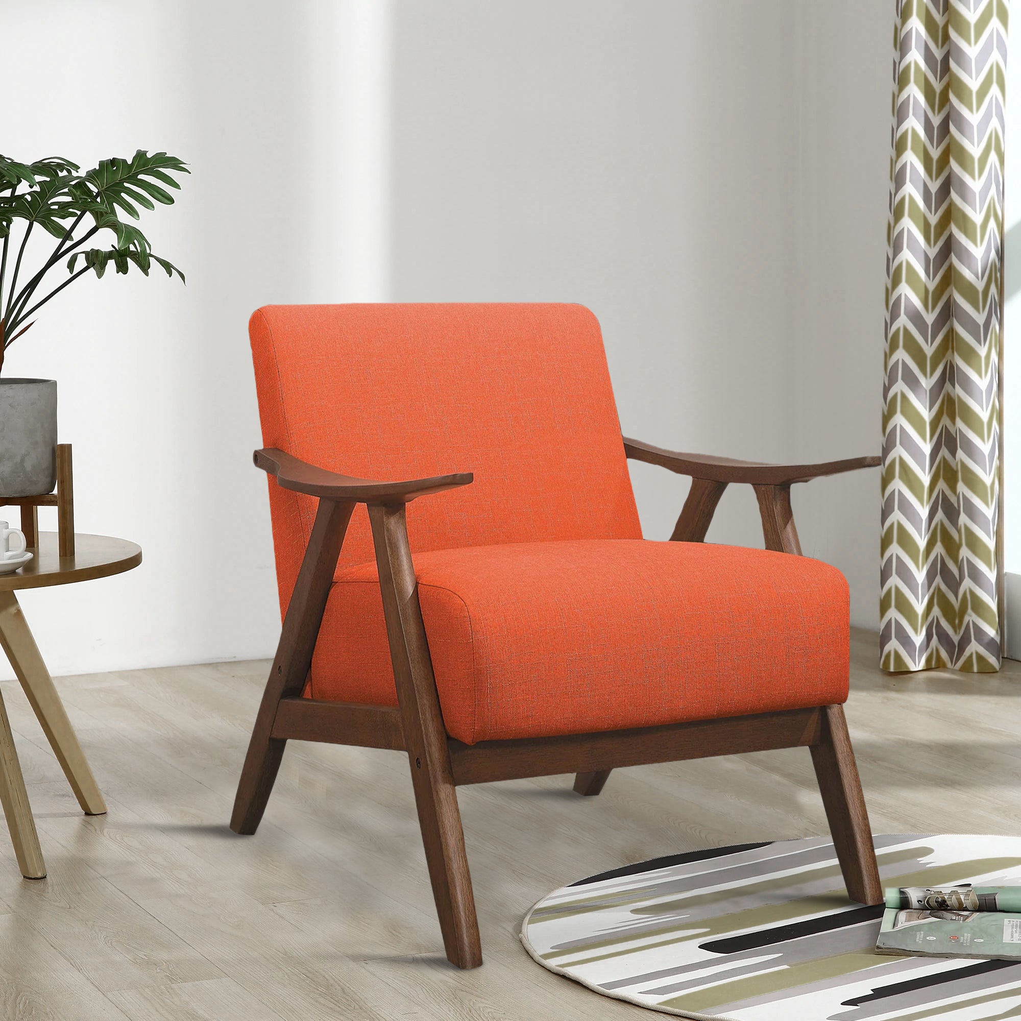 Benjara Fabric Upholstered Accent Chair with Curved Armrests, Orange
