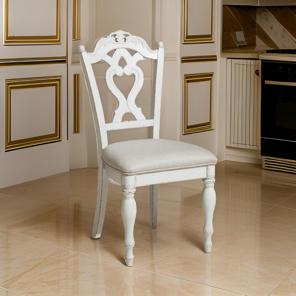 Benjara Victorian Style Writing Desk Chair with Engraved Backrest, Antique White