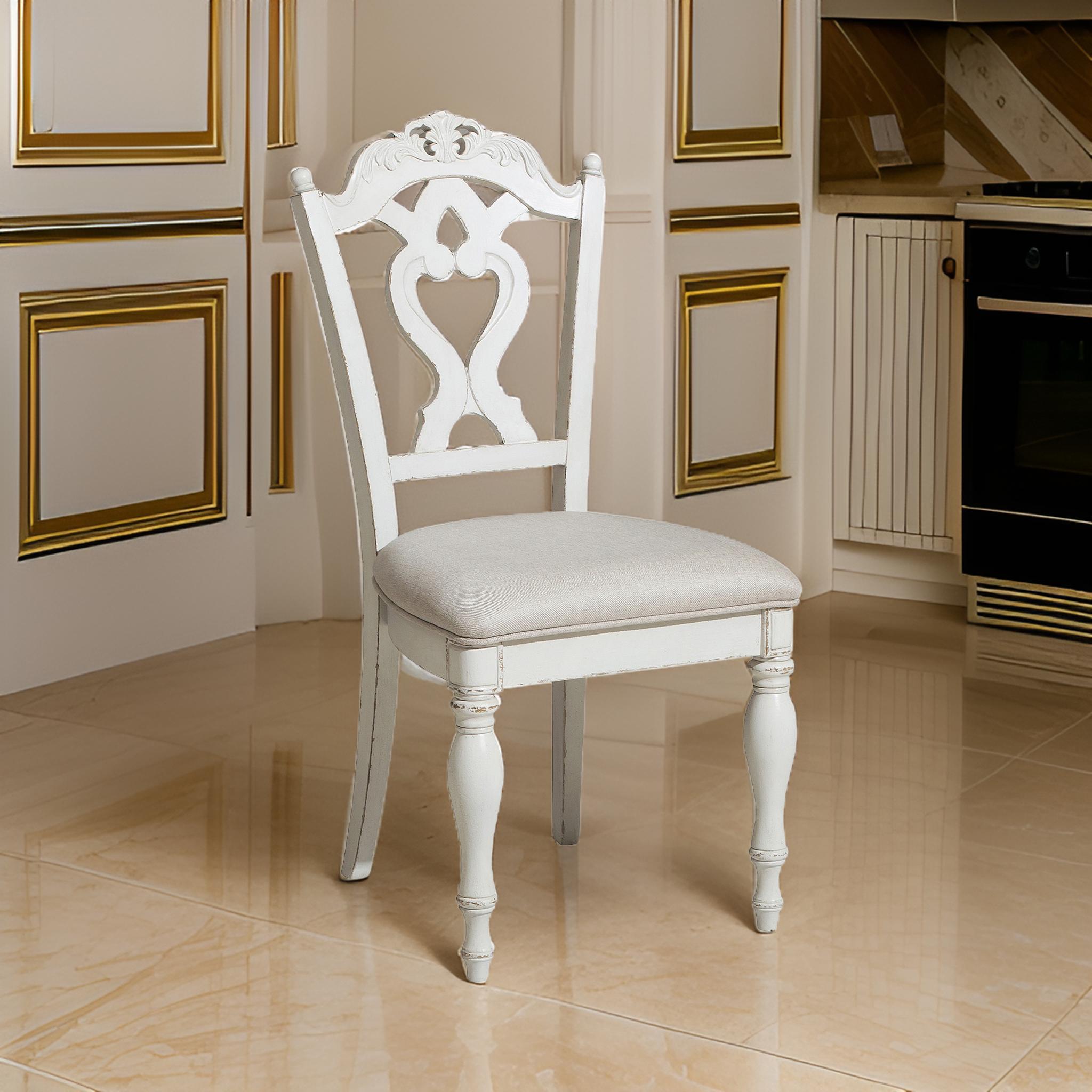 Benjara Victorian Style Writing Desk Chair with Engraved Backrest, Antique White