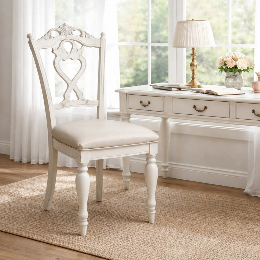 Benjara Victorian Style Writing Desk Chair with Engraved Backrest, Antique White
