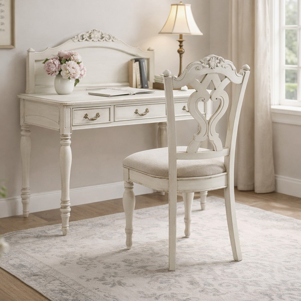 Benjara Victorian Style Writing Desk Chair with Engraved Backrest, Antique White