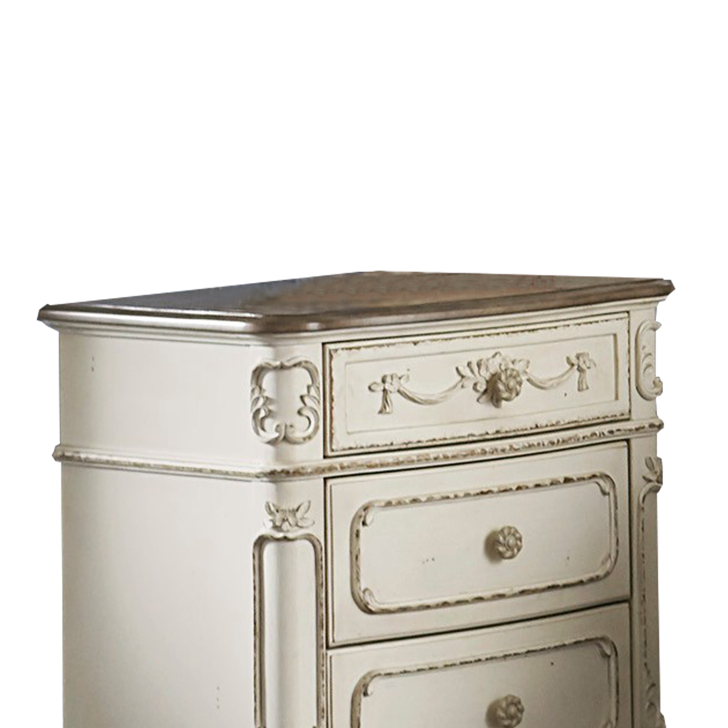Benjara 3 Drawer Nightstand with Floral Motif Carving Details, Antique White And Brown