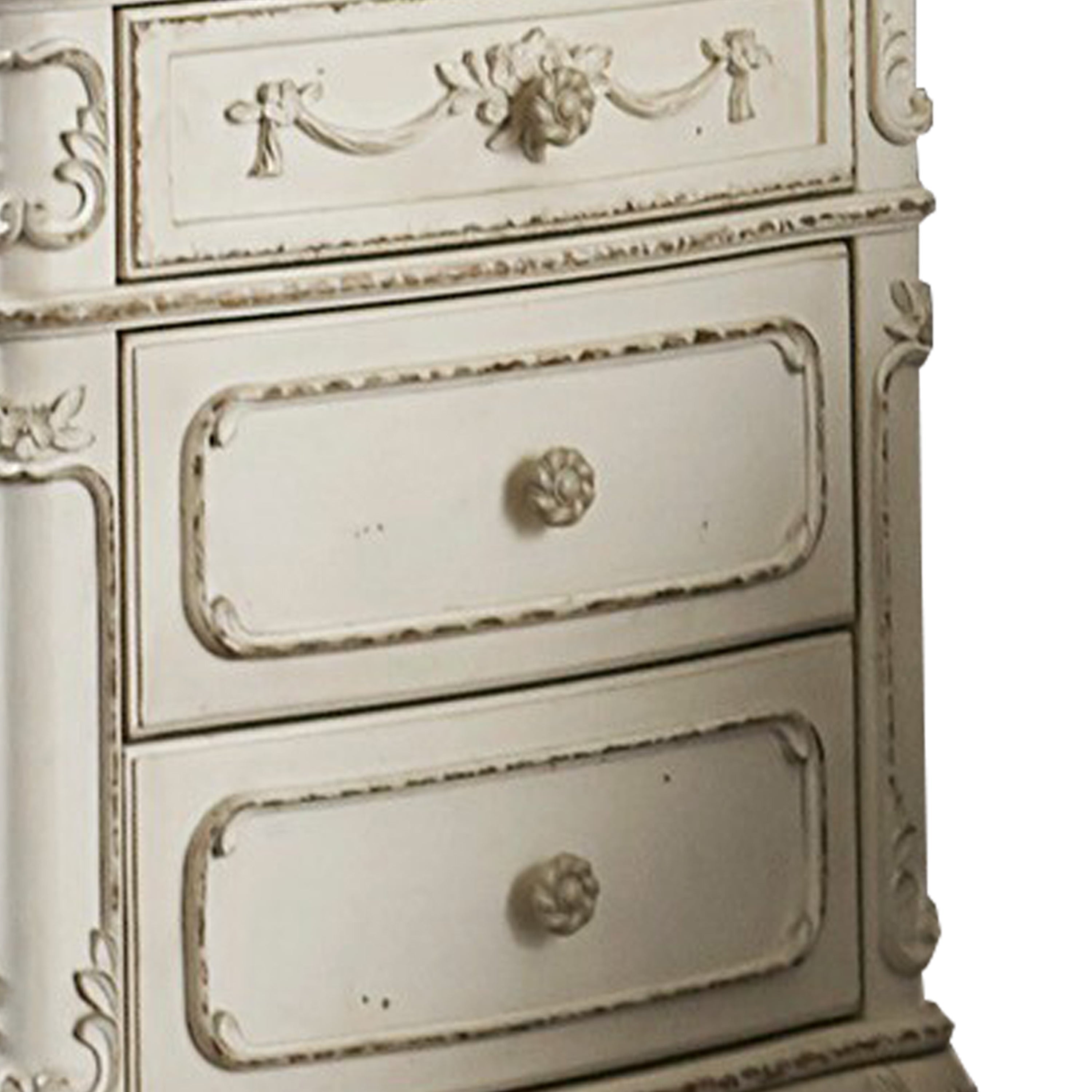 Benjara 3 Drawer Nightstand with Floral Motif Carving Details, Antique White And Brown