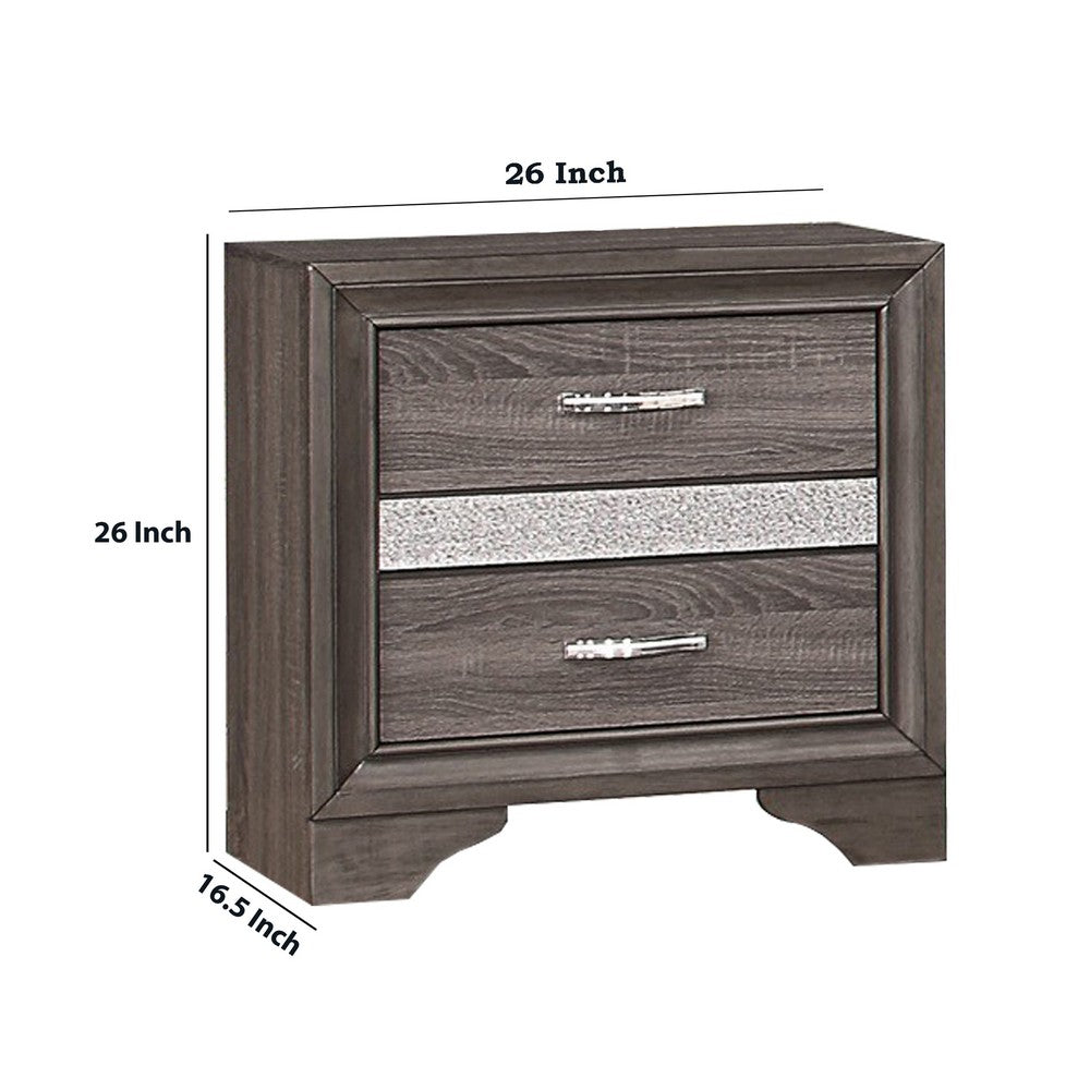 Benjara 2 Drawer Wooden Nightstand with 1 Hidden Jewelry Drawers, Gray And Silver