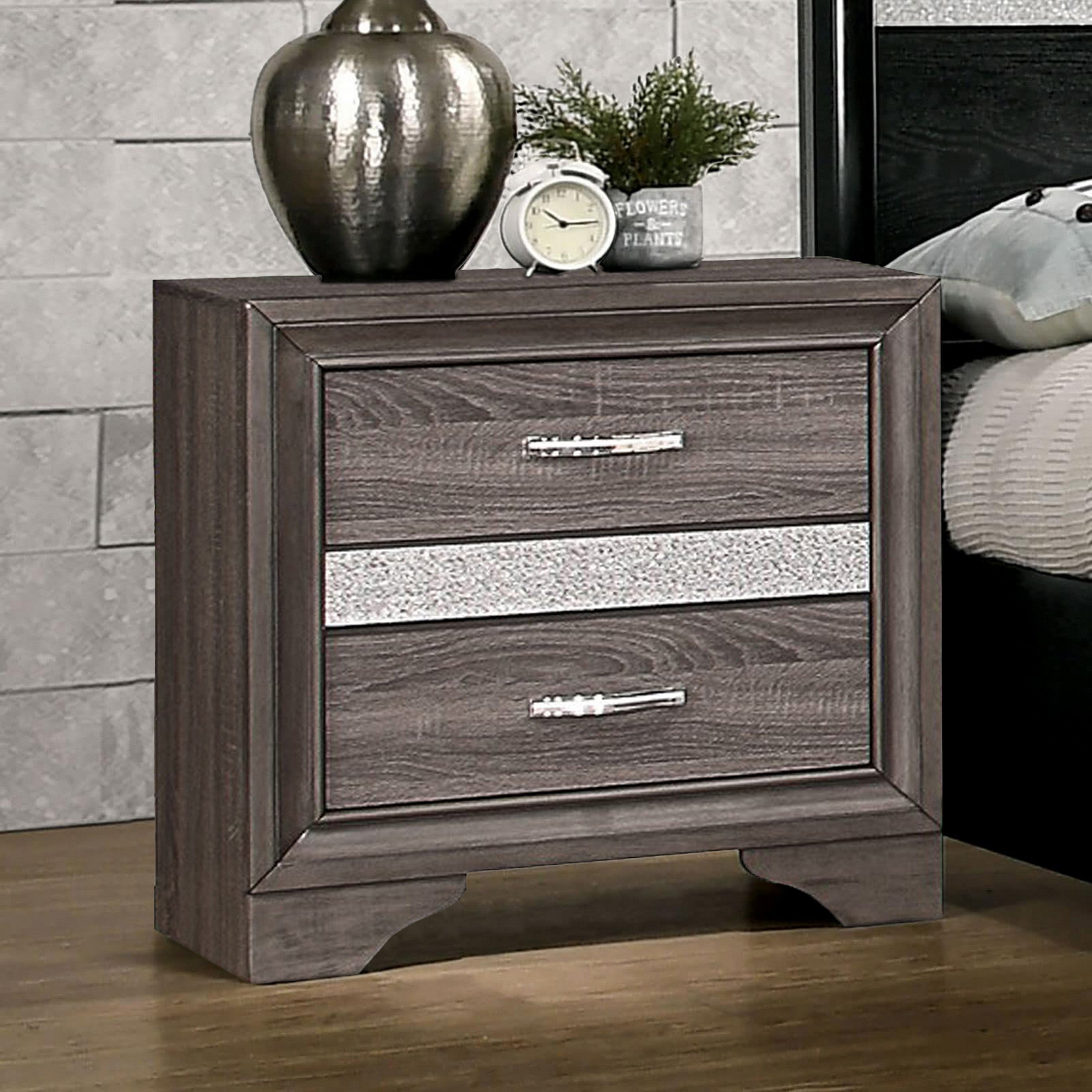 Benjara 2 Drawer Wooden Nightstand with 1 Hidden Jewelry Drawers, Gray And Silver
