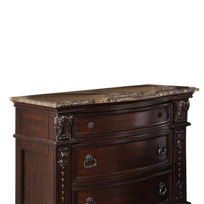Benjara European Style Nightstand with 3 Drawers And Marble Top, Dark Cherry Brown
