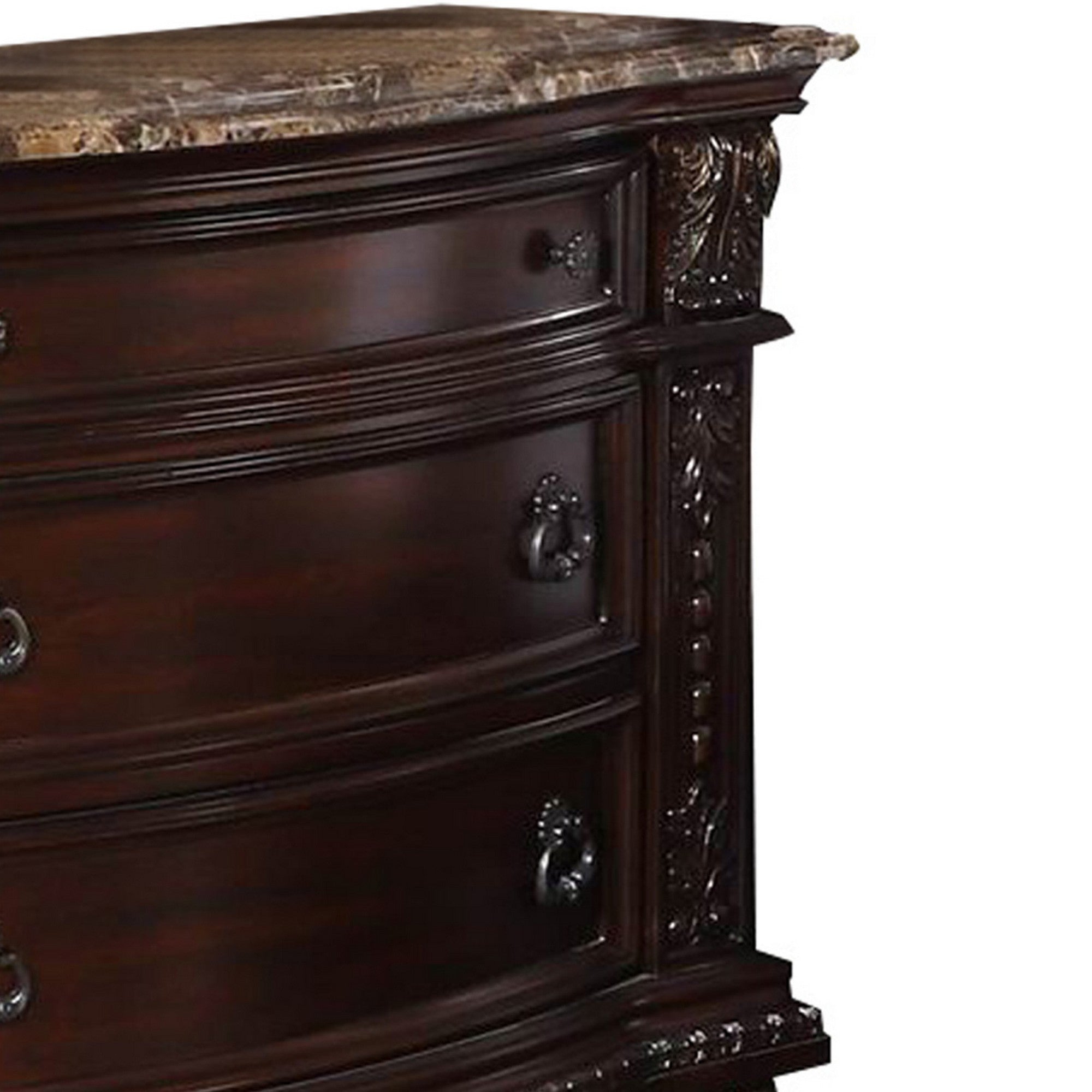 Benjara European Style Nightstand with 3 Drawers And Marble Top, Dark Cherry Brown