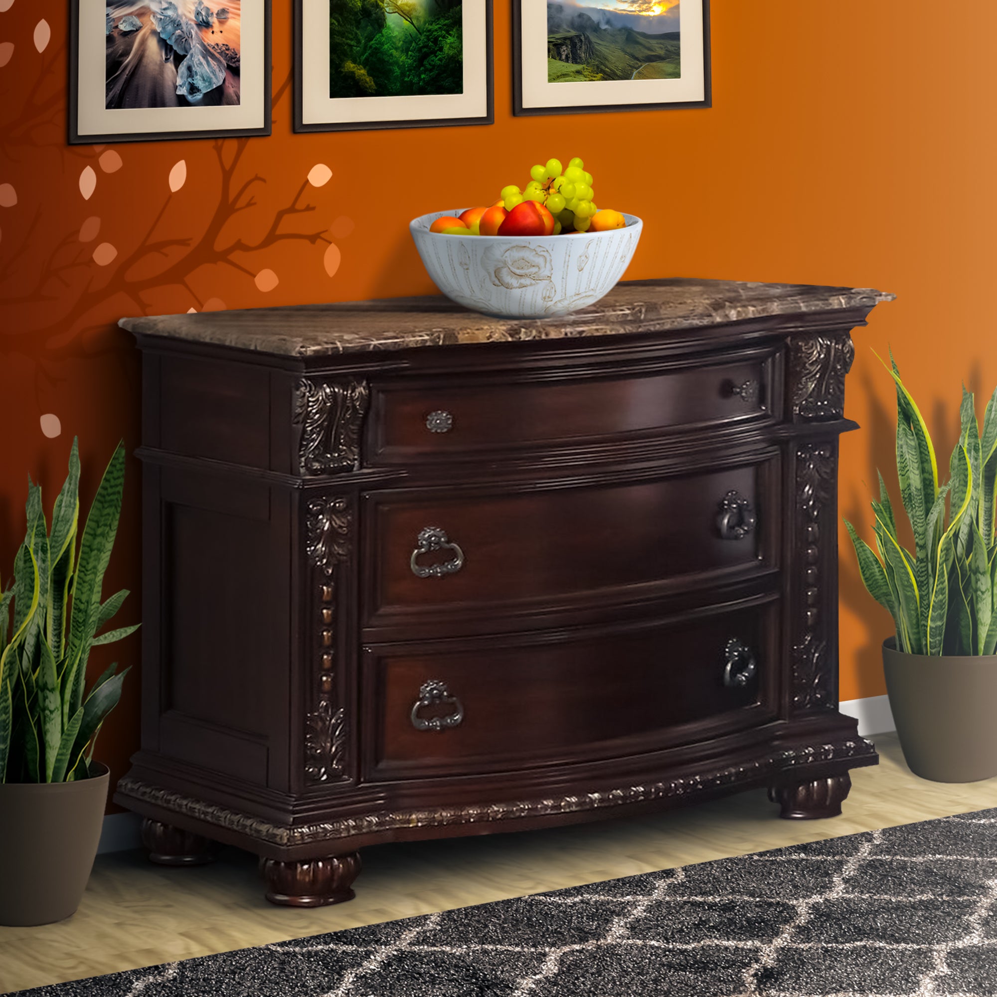 Benjara European Style Nightstand with 3 Drawers And Marble Top, Dark Cherry Brown