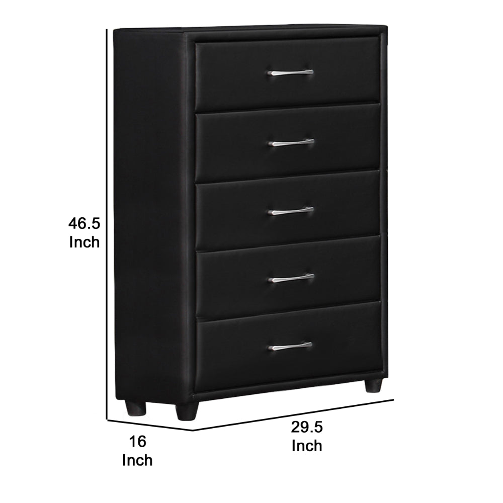 Benjara 5 Drawer Leatherette Wooden Frame Chest with Tapered legs, Black