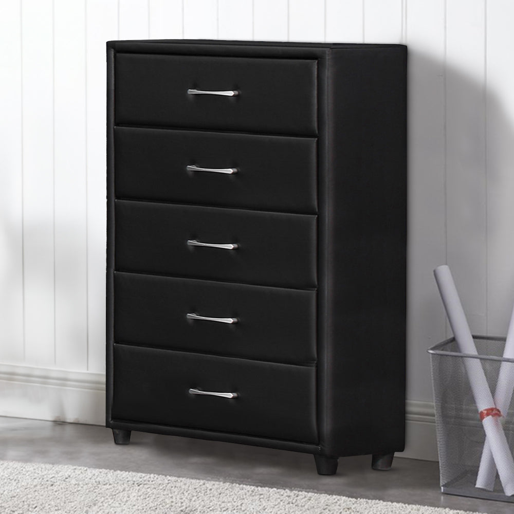 Benjara 5 Drawer Leatherette Wooden Frame Chest with Tapered legs, Black