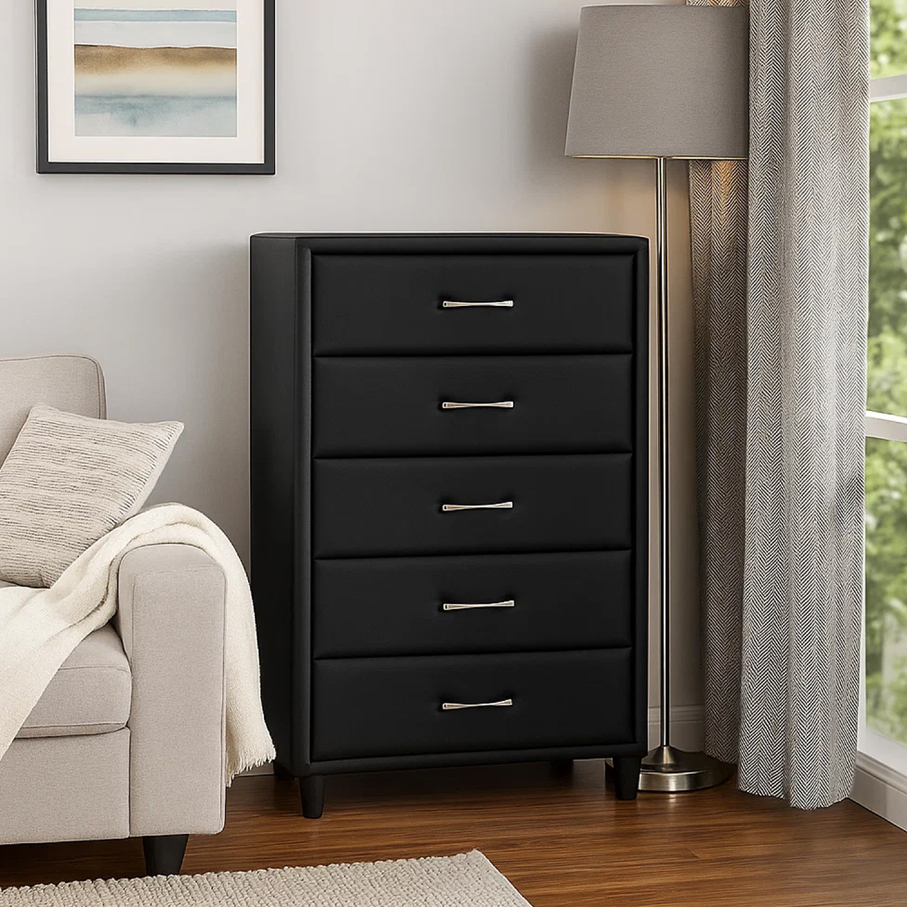 Benjara 5 Drawer Leatherette Wooden Frame Chest with Tapered legs, Black