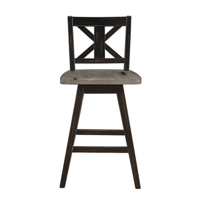 Benjara Farmhouse Swivel Counter Height Chair with X Shaped Back, Set of 2, Antique Gray, Black