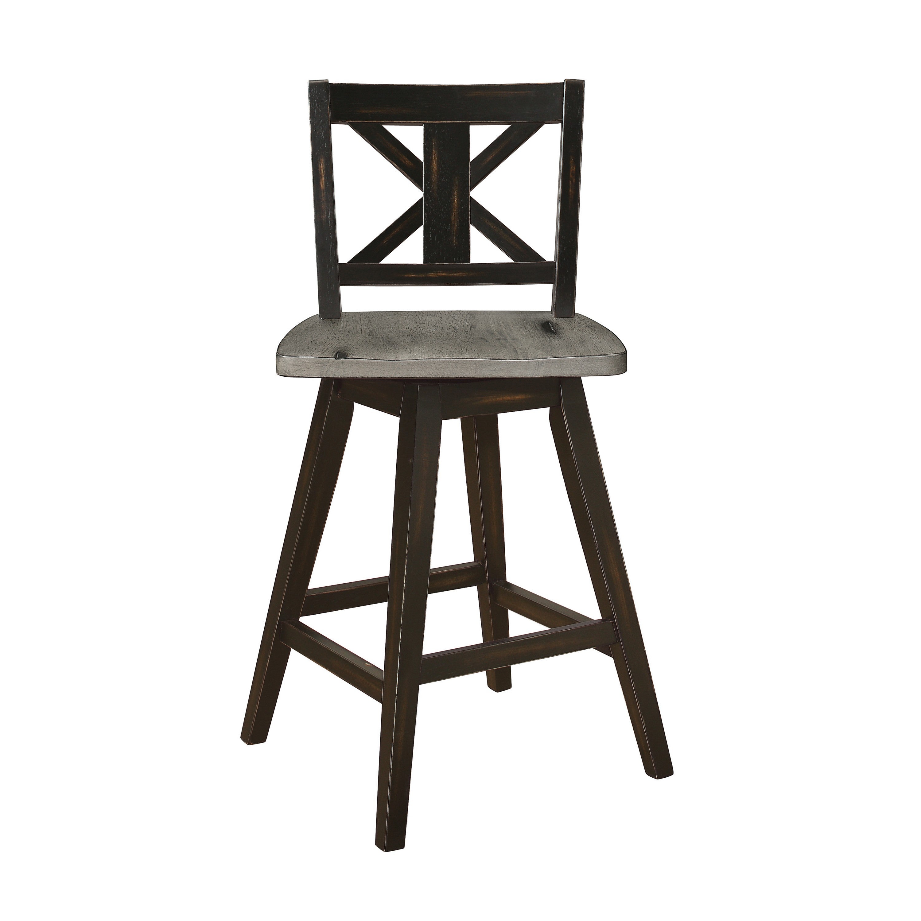 Benjara Farmhouse Swivel Counter Height Chair with X Shaped Back, Set of 2, Antique Gray, Black