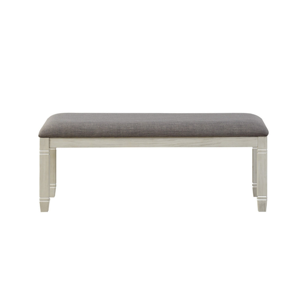 Benjara Fabric Upholstered Padded Bench with Tapered Feet, Antique White And Gray