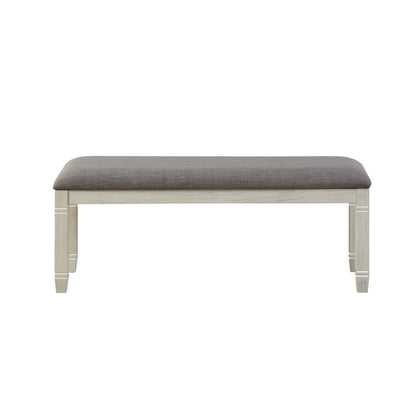 Benjara Fabric Upholstered Padded Bench with Tapered Feet, Antique White And Gray