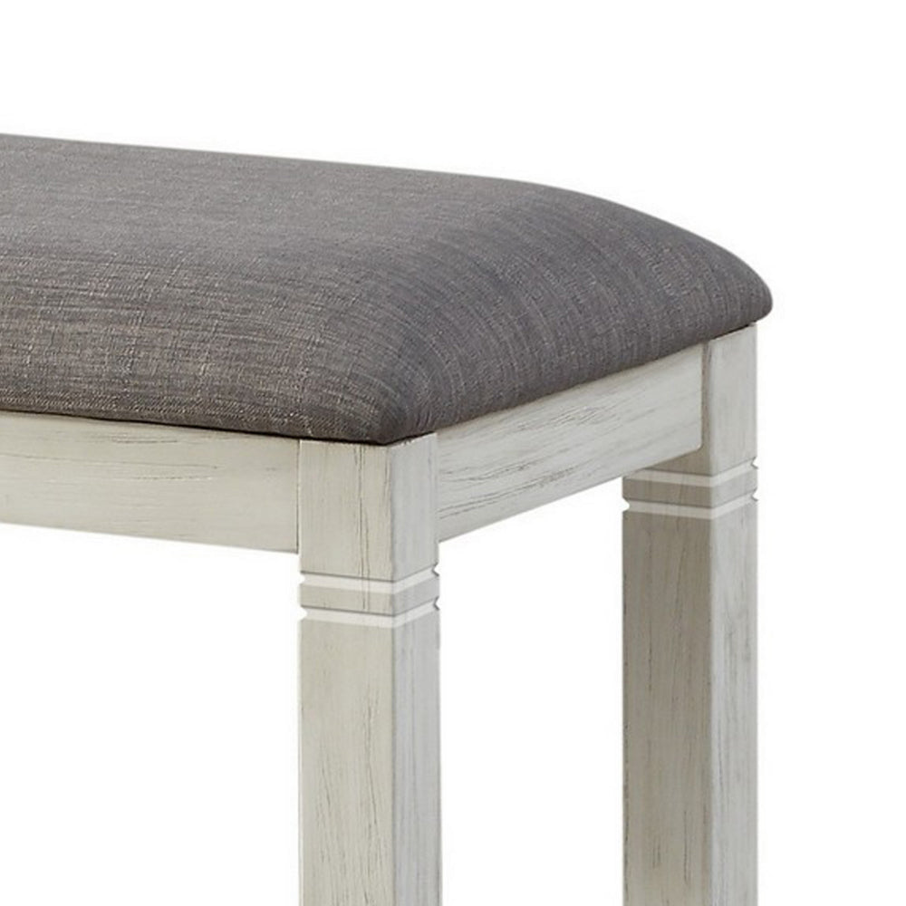 Benjara Fabric Upholstered Padded Bench with Tapered Feet, Antique White And Gray