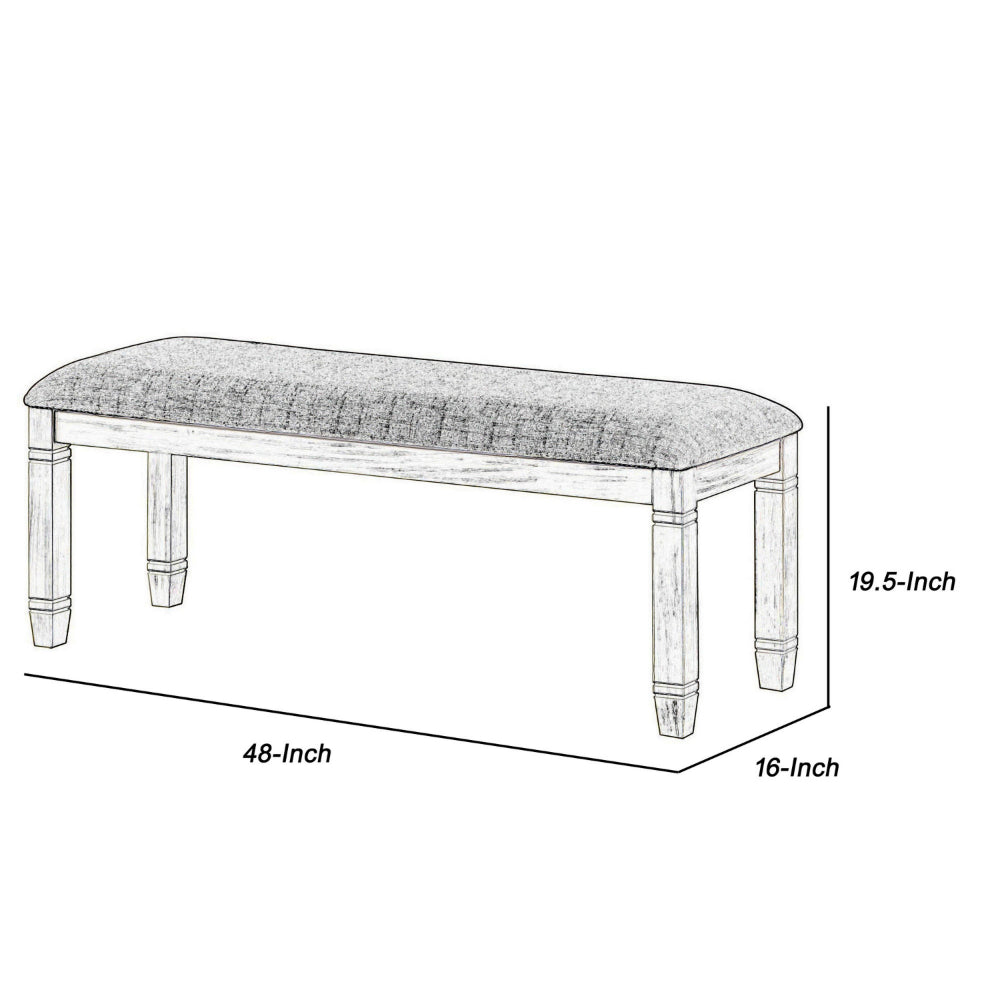 Benjara Fabric Upholstered Padded Bench with Tapered Feet, Antique White And Gray