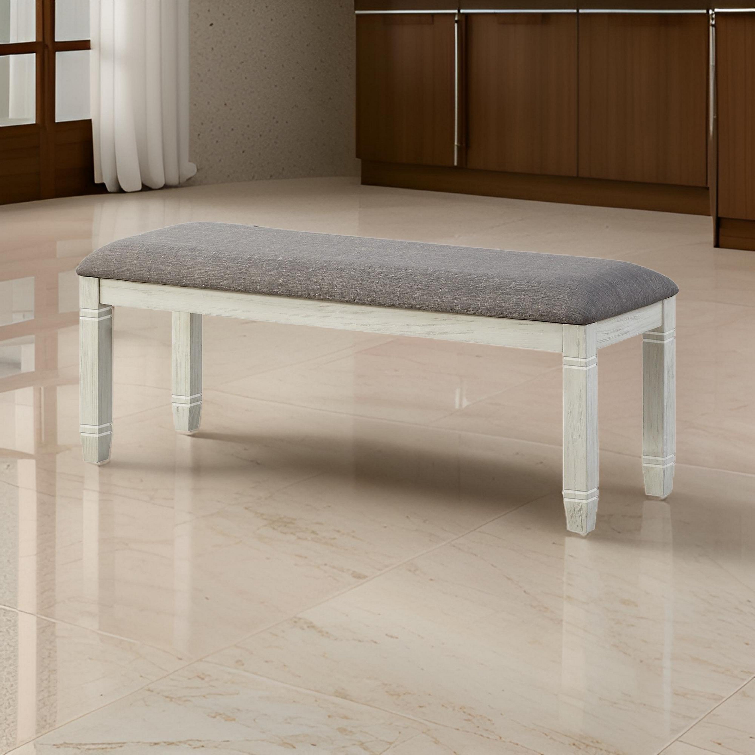 Benjara Fabric Upholstered Padded Bench with Tapered Feet, Antique White And Gray