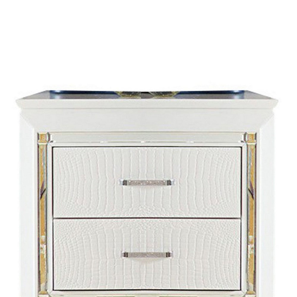 Benjara Contemporary Wooden Nightstand with 2 drawers And LED Lighting, White