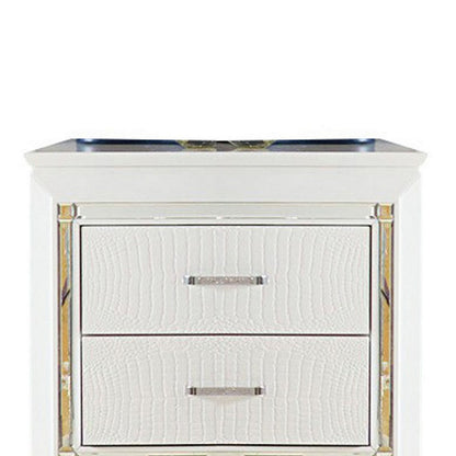 Benjara Contemporary Wooden Nightstand with 2 drawers And LED Lighting, White