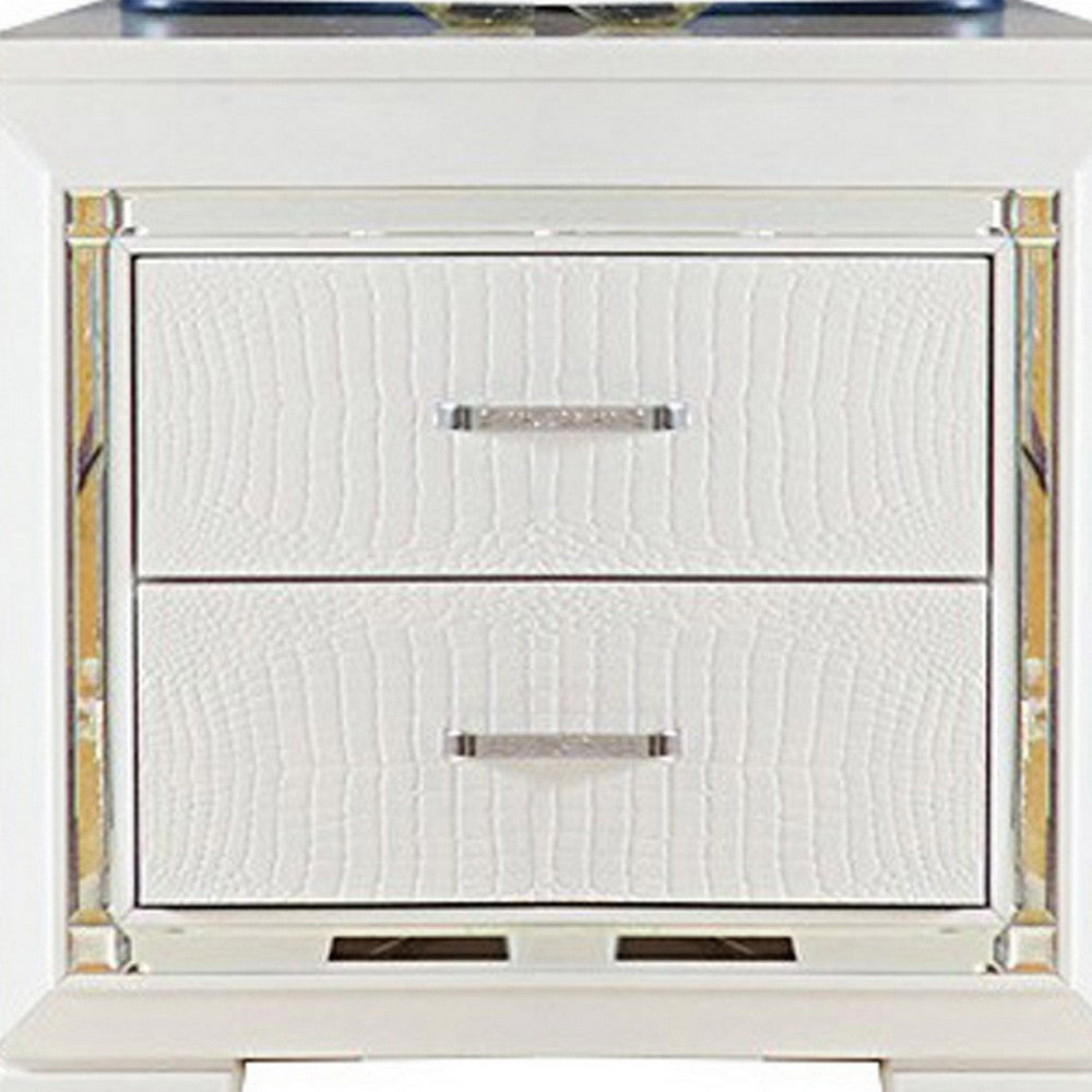 Benjara Contemporary Wooden Nightstand with 2 drawers And LED Lighting, White