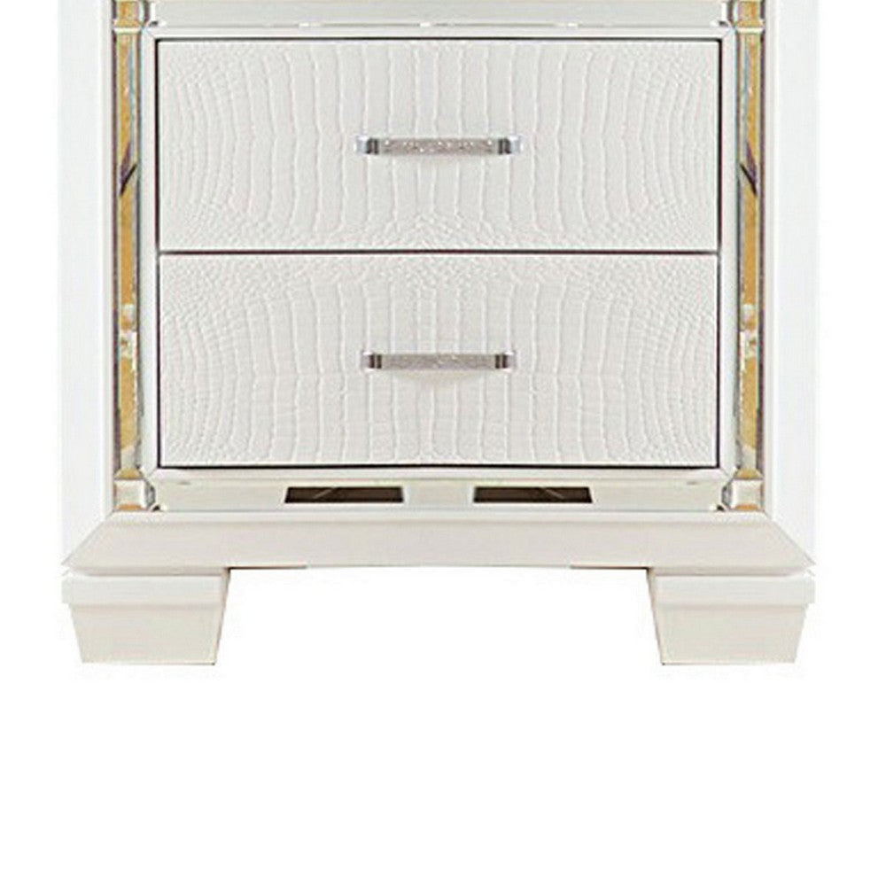Benjara Contemporary Wooden Nightstand with 2 drawers And LED Lighting, White