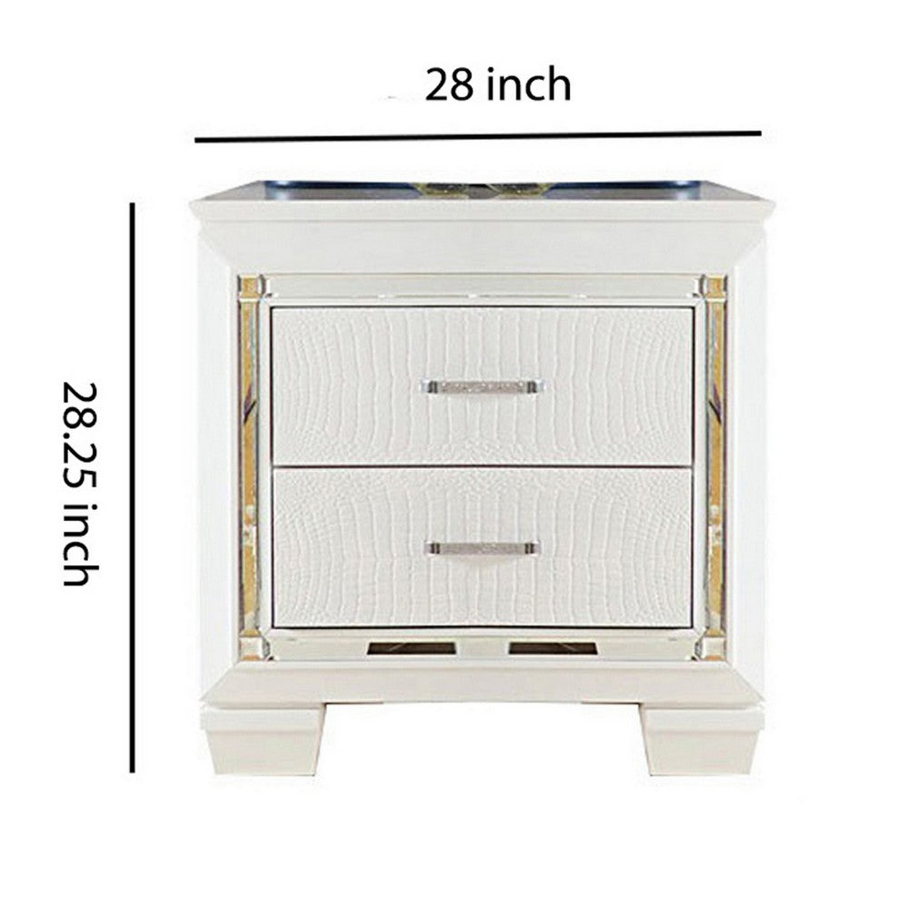 Benjara Contemporary Wooden Nightstand with 2 drawers And LED Lighting, White